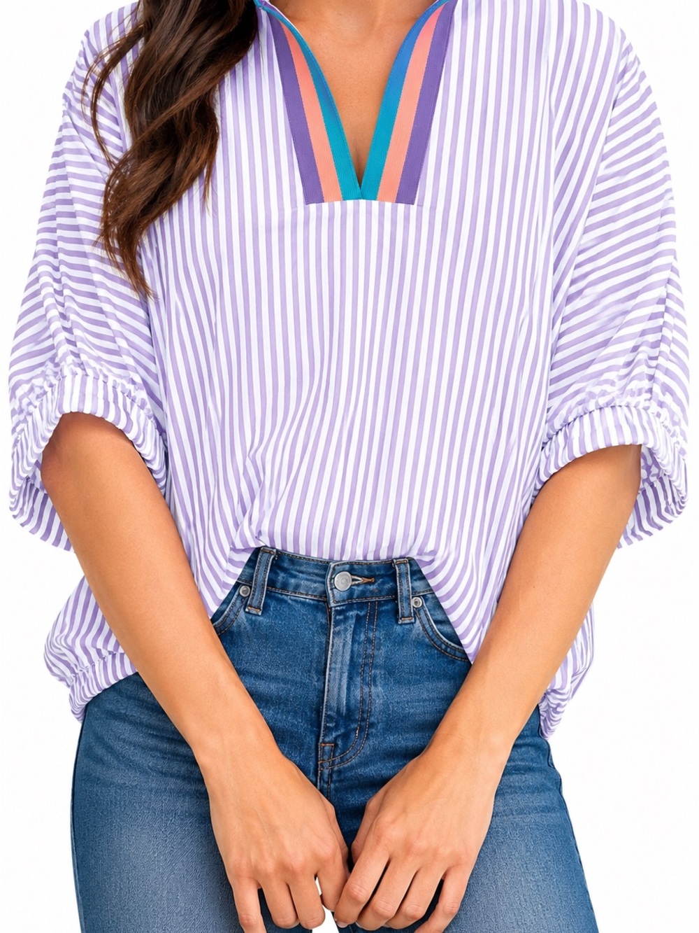 Entro Small Purple White Striped Popover Blouse Multicolor Trim Tunic Top